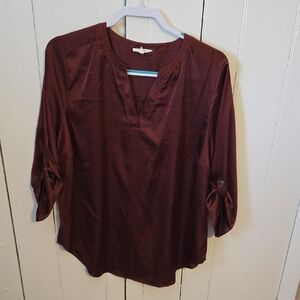 Maurices Burgundy Split V-Neck Roll-Tab Sleeve Blouse